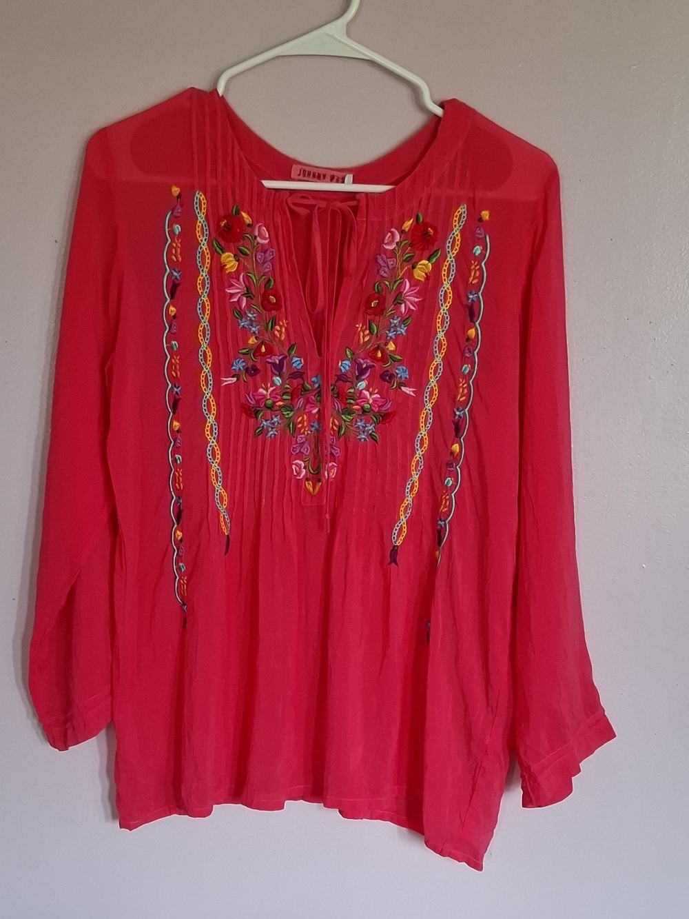 Johnny Was Bright Pink Embroidered Peasant Tunic